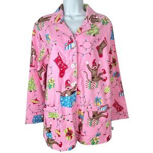 Nick & Nora Pajama Top Pink Sock Monkey Christmas Tree Lights Size M NEW